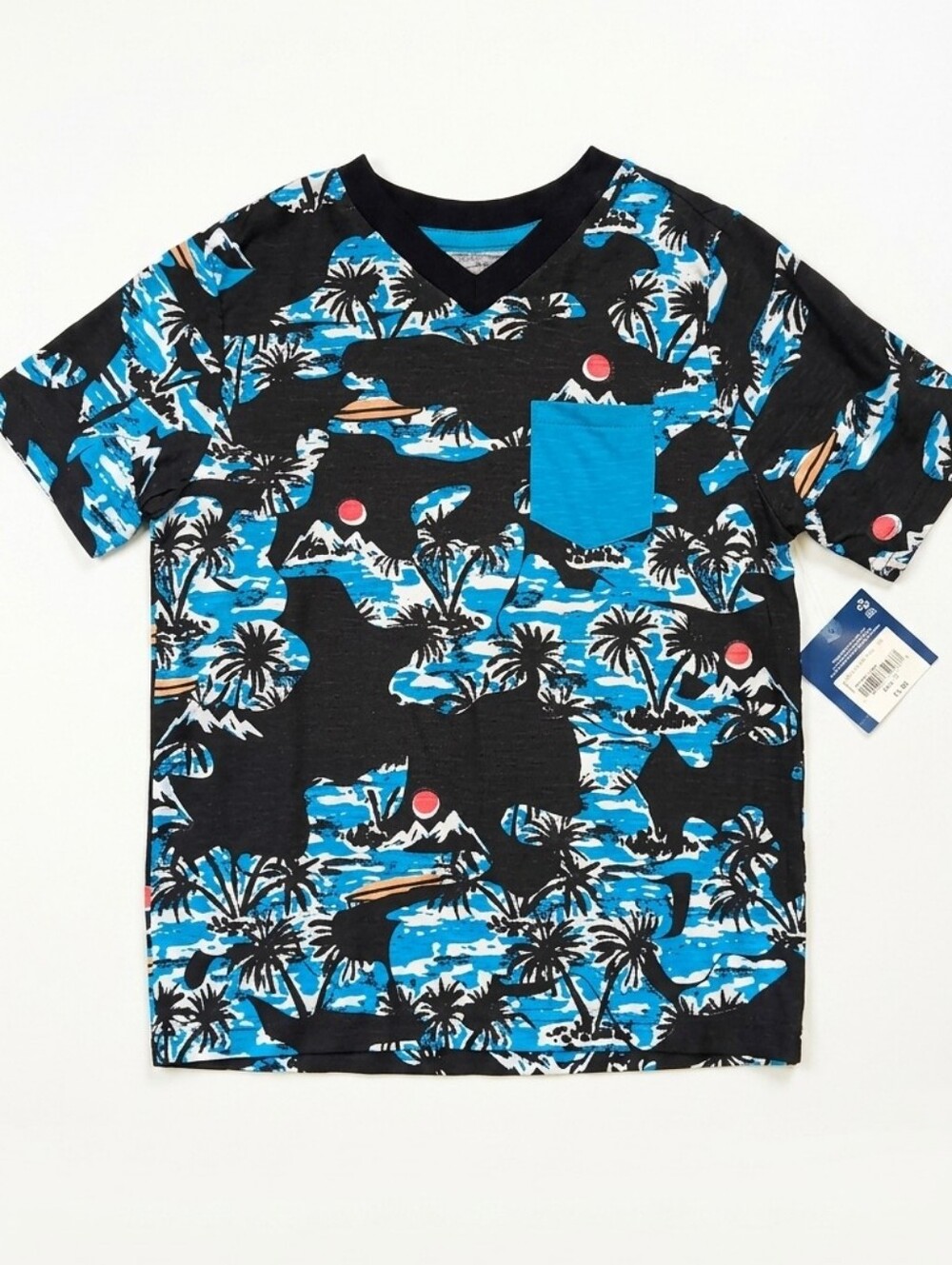 NEW Arizona Tropical Print TShirt Boys Size XS 6 7 Blue Black Pocket Tee